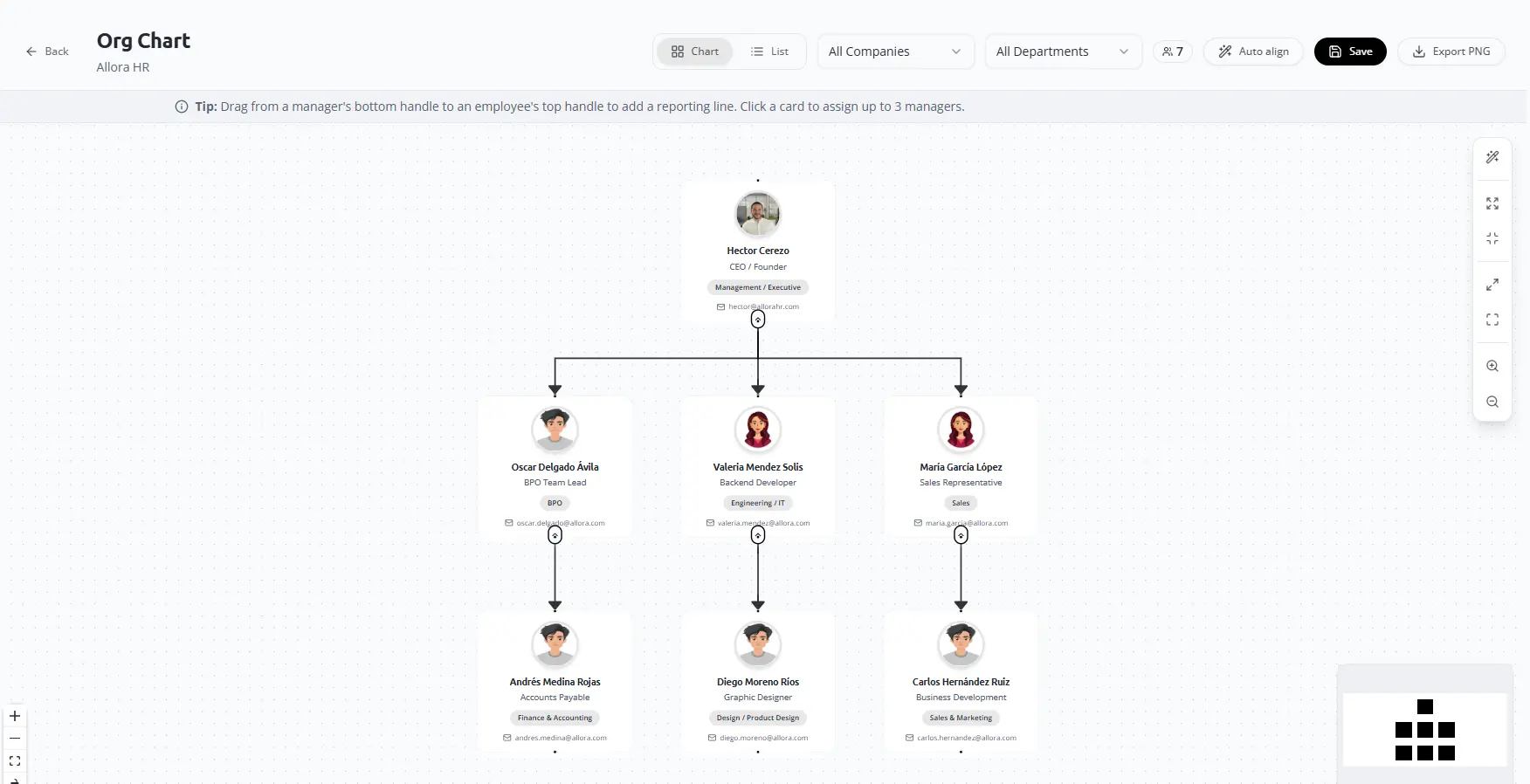 Company org chart in AlloraHR